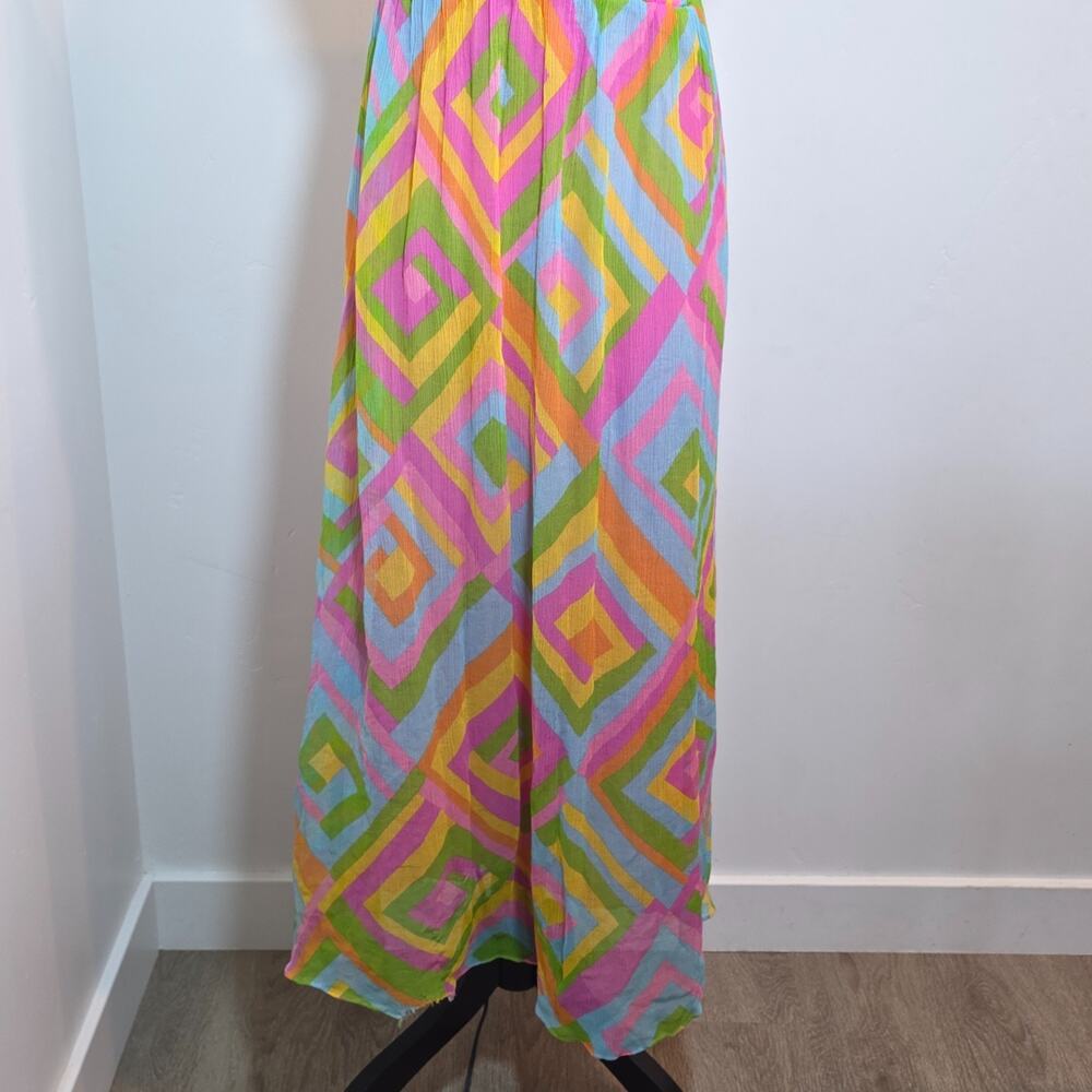Vintage Strapless Silk Maxi Dress Multicolor Geometric Print Size XS Beach Party - Picture 7 of 8